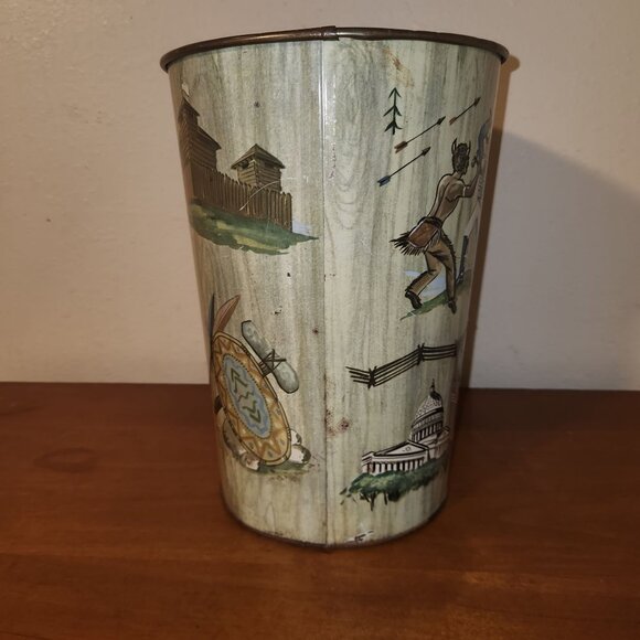 Davy Crockett Vintage 1956 Metal Trash Can 11.5" H x 11" L x 7" W - Picture 5 of 12
